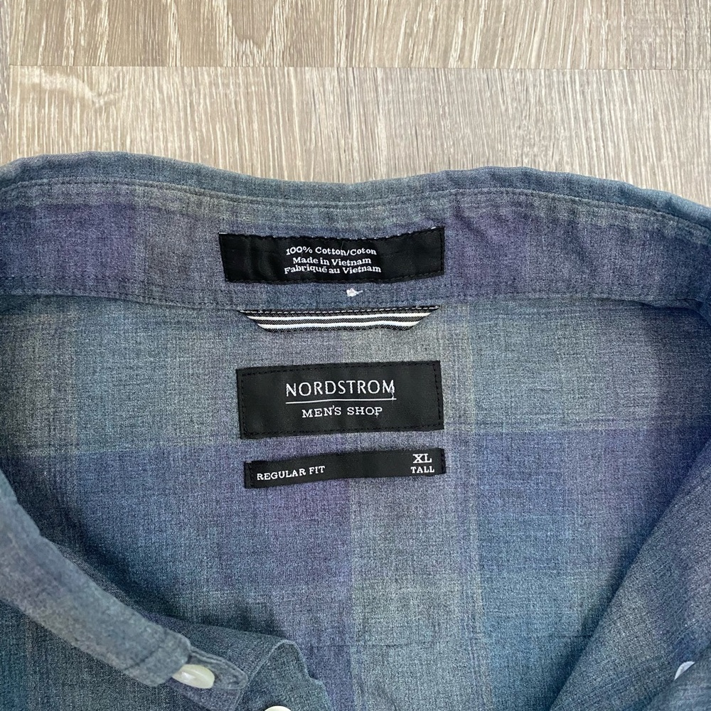 Nordstrom Men’s Shop Gray and Blue Checkered Shirt | XL Tall | 100% cotton - Picture 4 of 8